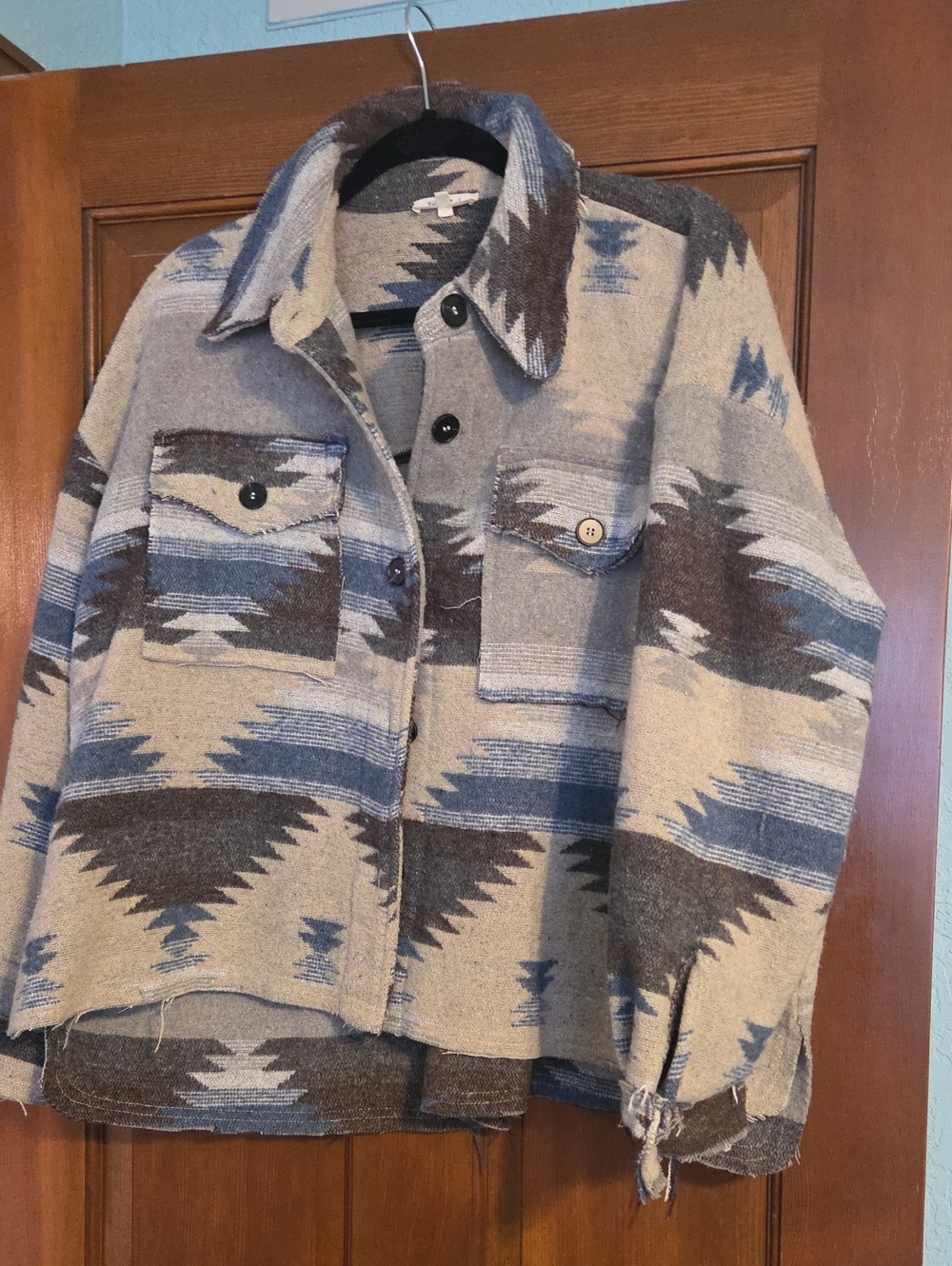 Women's Aztec Pattern Button-Up Shacket Jacket - Beige, Blue, Brown